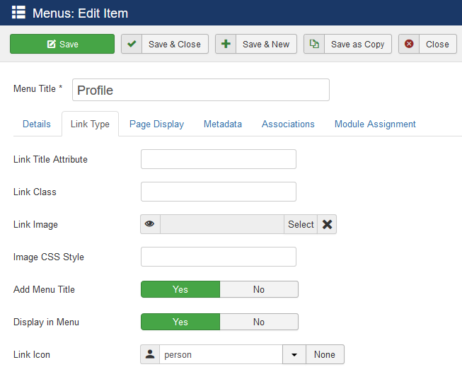 Menu item link type